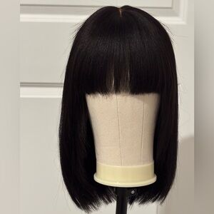 NWT LuvMe Hair Put On and Go Natural Black Layered Yaki Straight Bob Wig w Bangs
